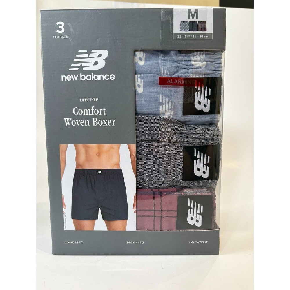 New Balance Men’s M Comfort Woven Boxers 3 Pack Plaid Gray Blue NEW